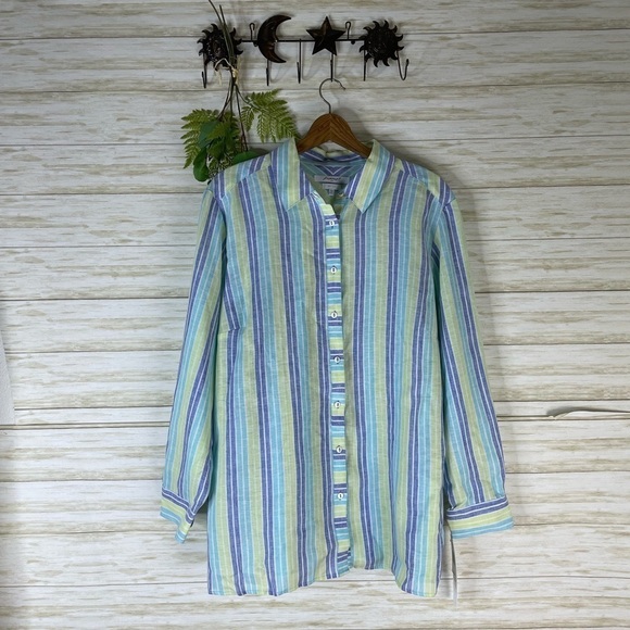 NWT Foxcroft NYC Blue Green Vertical Striped Linen Button Down Shirt - Picture 2 of 6